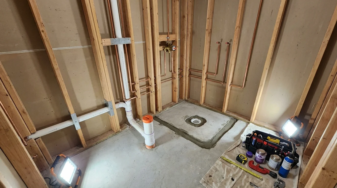 Bathroom rough-in plumbing during remodel by Johns Plumbing LLC in Mifflinville