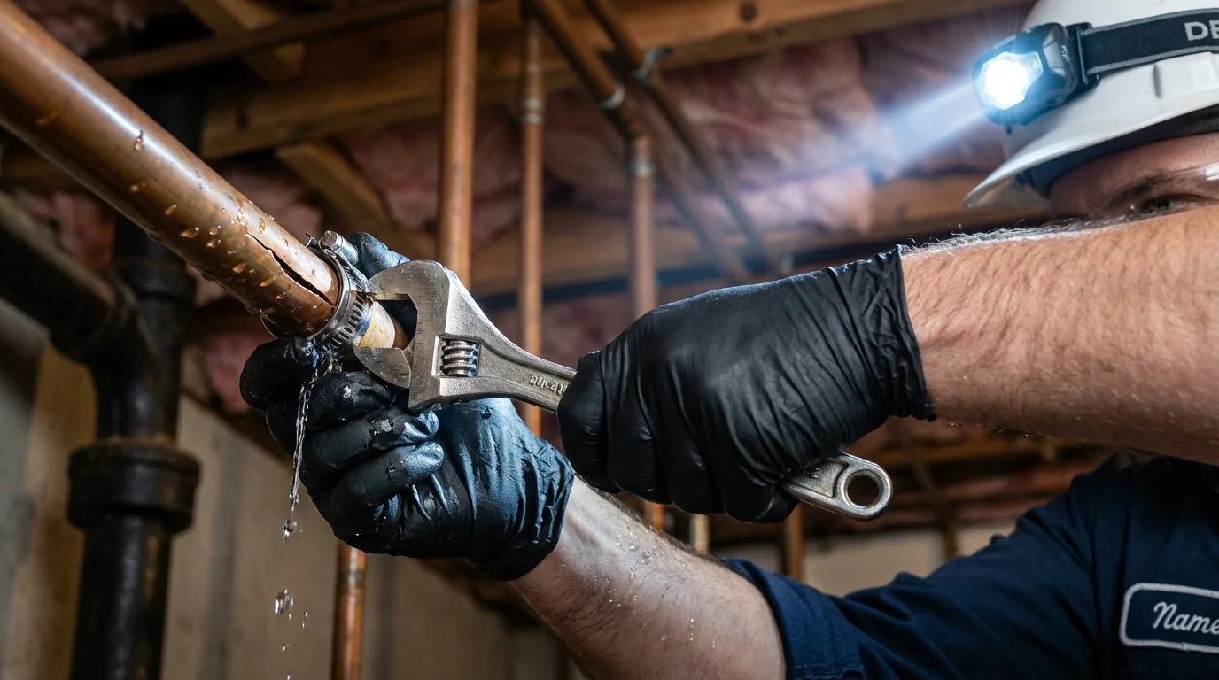 Emergency pipe clamp repair being performed by a Johns Plumbing LLC plumber in Mifflinville