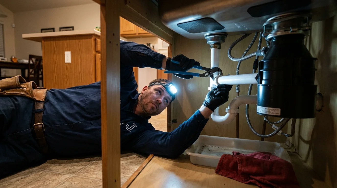 P-trap and supply line connections under a kitchen sink showing a common leak point in Mifflinville, PA